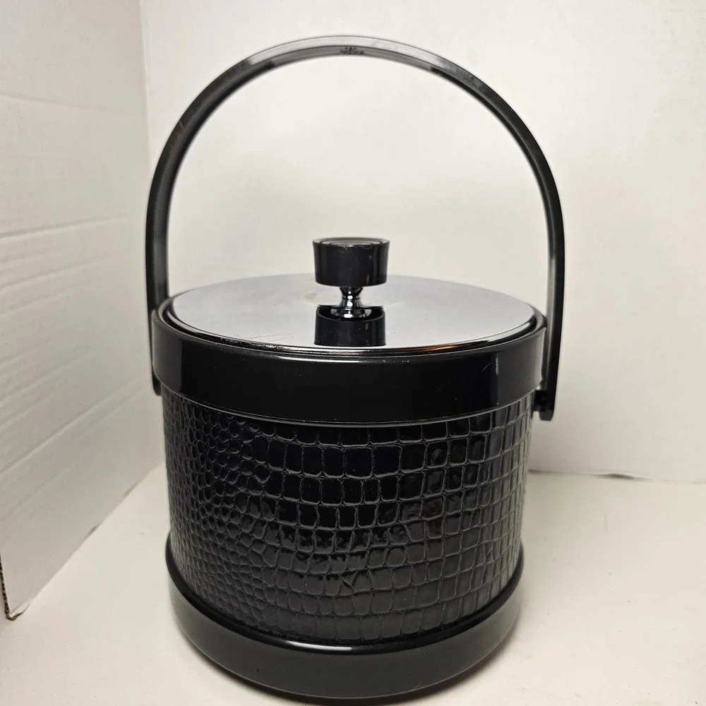 MCM Ice Bucket Black Faux Crocodile Chrome Lid Mid Century‎ Modern Barware Japan